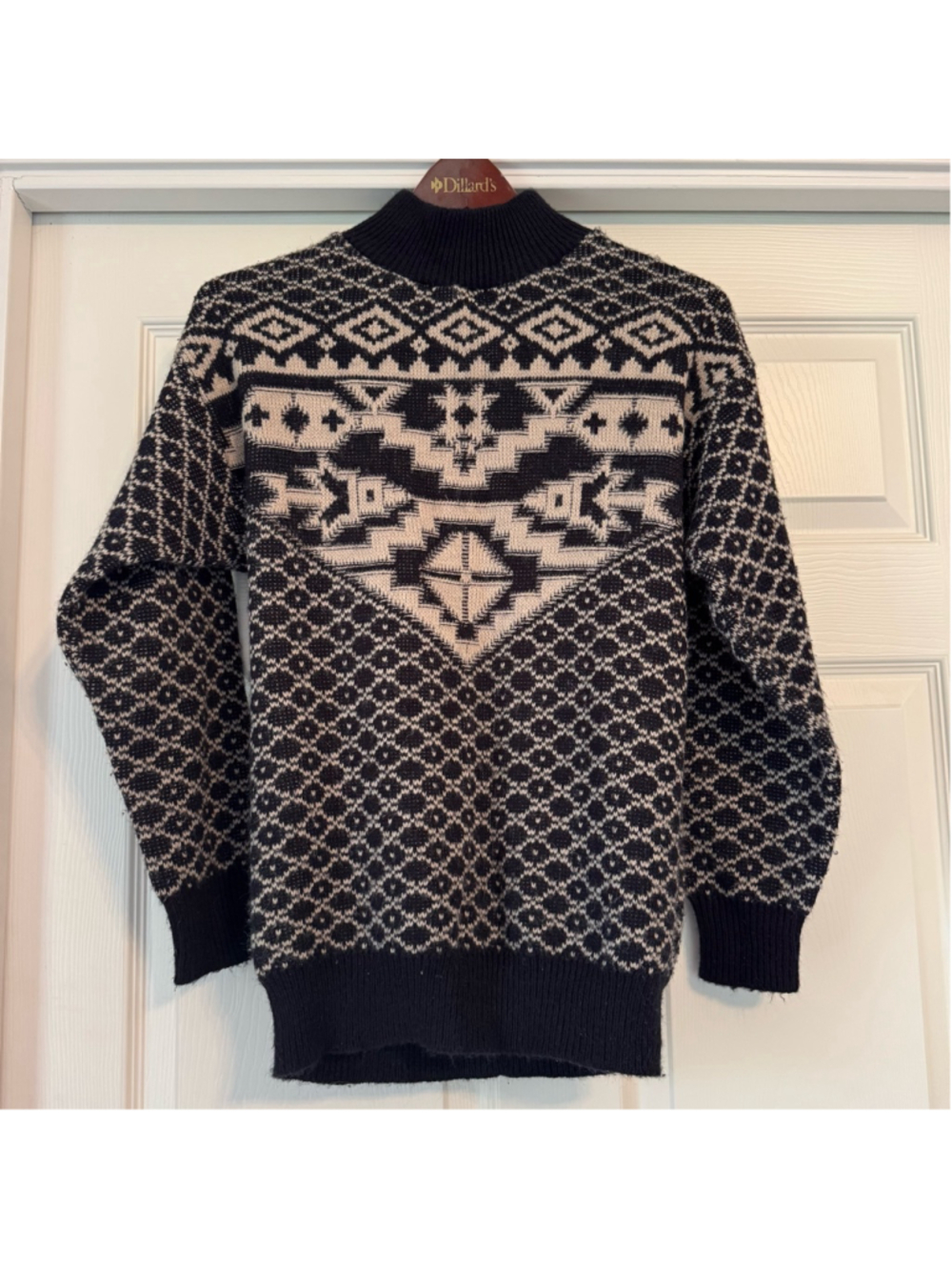 Vintage 80’s Beldoch Popper Sweater Size S Black Tan Southwest Patterned